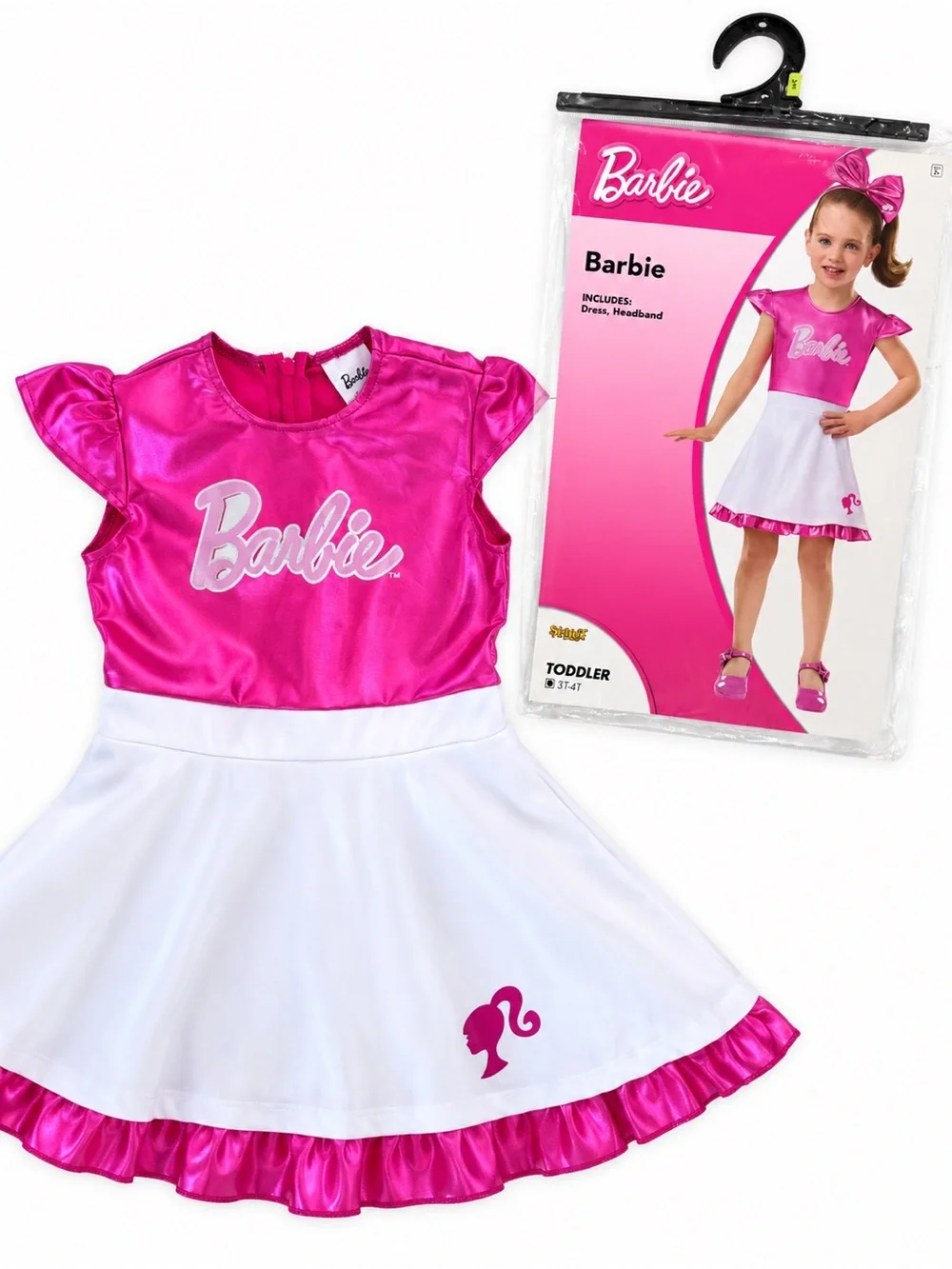 Barbie Girl Halloween Costume Pink Dress, Wig, Headband, Bow & Belt Size 3T/4T